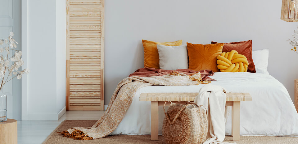 Orange, brown, white themed bedroom