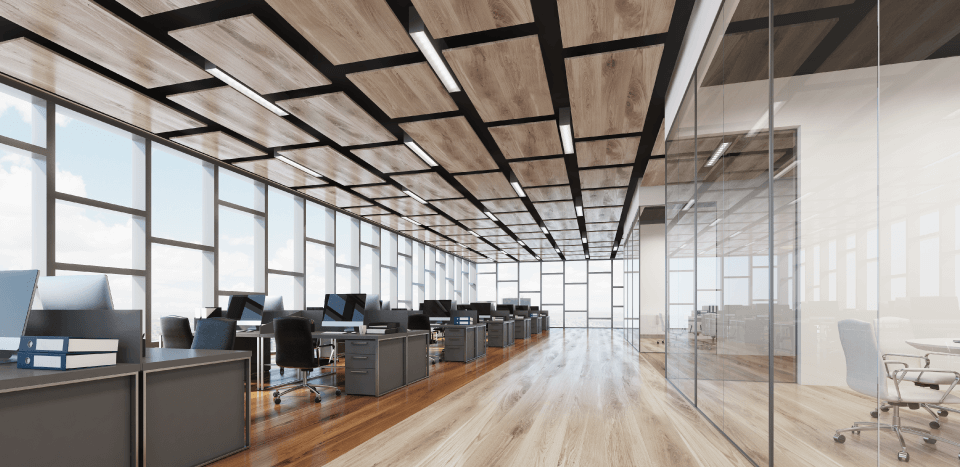 Large wooden interior modern office room