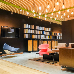 Wooden interior with wooden floor and bright lighting