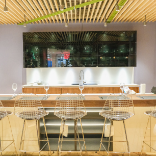 Wooden interior design with metal chairs