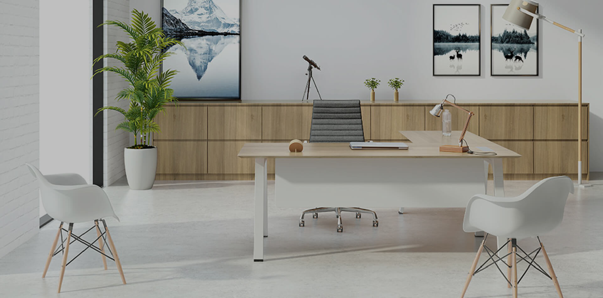 White office room with images hung on the wall