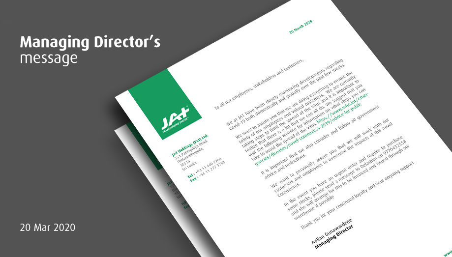 Managing Director's message for JAT empolyees regarding COVID 19 event